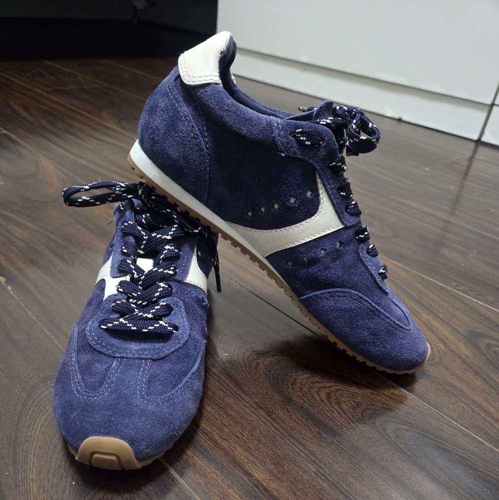 Larroude Stella Sneakers Navy Suede And Ivory Leather